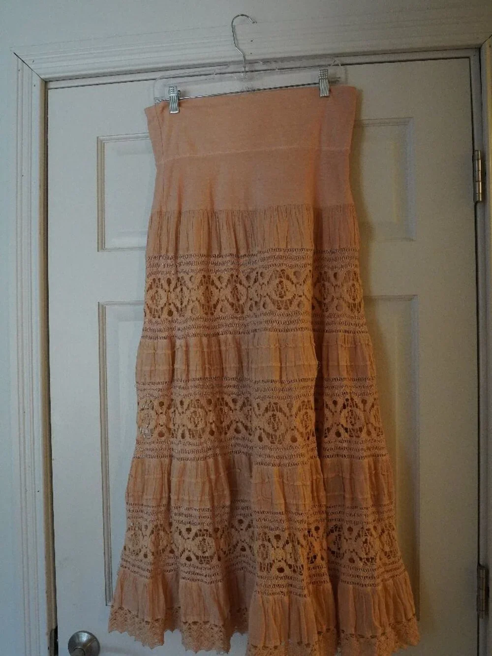 Now & Then Blush Peach Lace Tiered Maxi Skirt Size M Boho - Picture 2 of 4